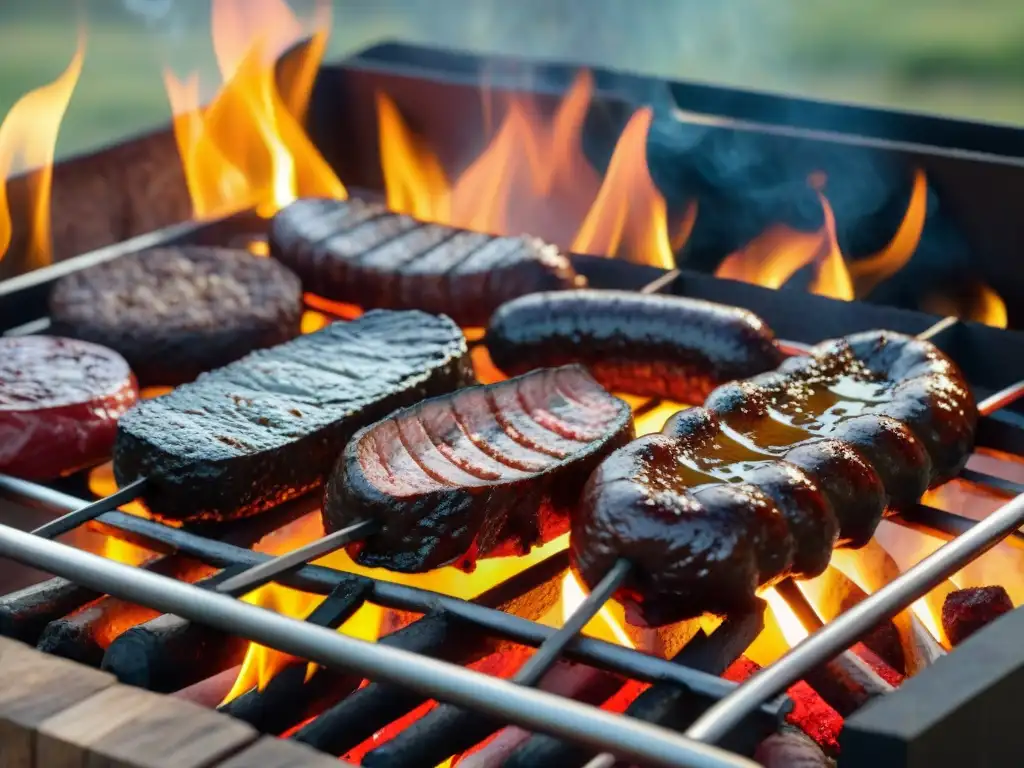 Un festín de asado uruguayo: cortes premium, chorizos y morcilla cocinándose a la perfección sobre brasas ardientes, en un paisaje campestre