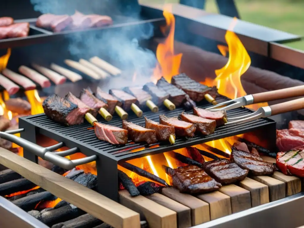 Un festín de asado uruguayo en curso parrillada, donde la carne premium sizzle junto a la camaradería y maestría culinaria