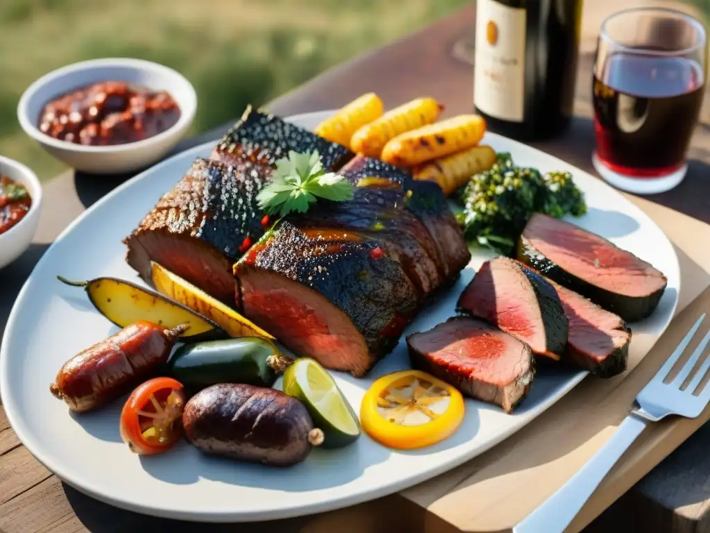 Un festín de asado uruguayo detallado en una mesa rústica al aire libre al atardecer