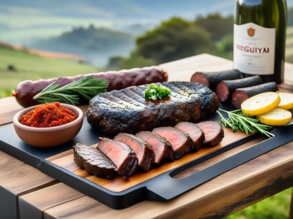 Un festín de asado uruguayo en un entorno campestre, con deliciosas carnes, chimichurri y vino Tannat