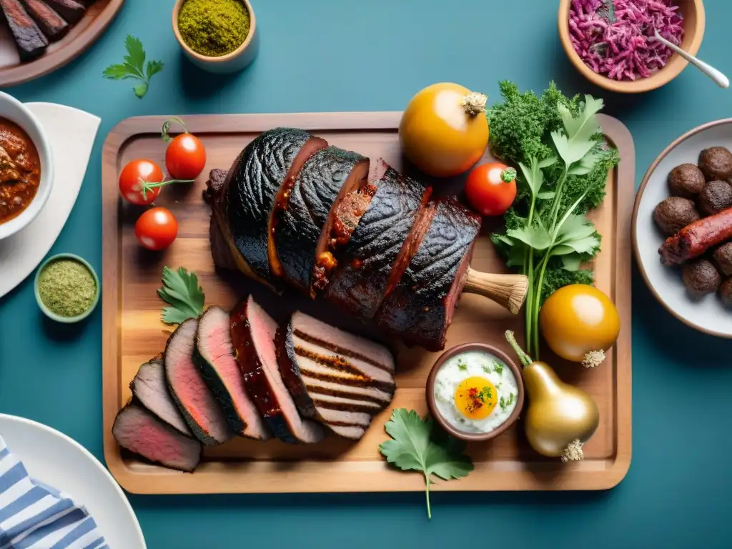 Un festín de asado uruguayo con equilibrio visual en la parrilla al aire libre