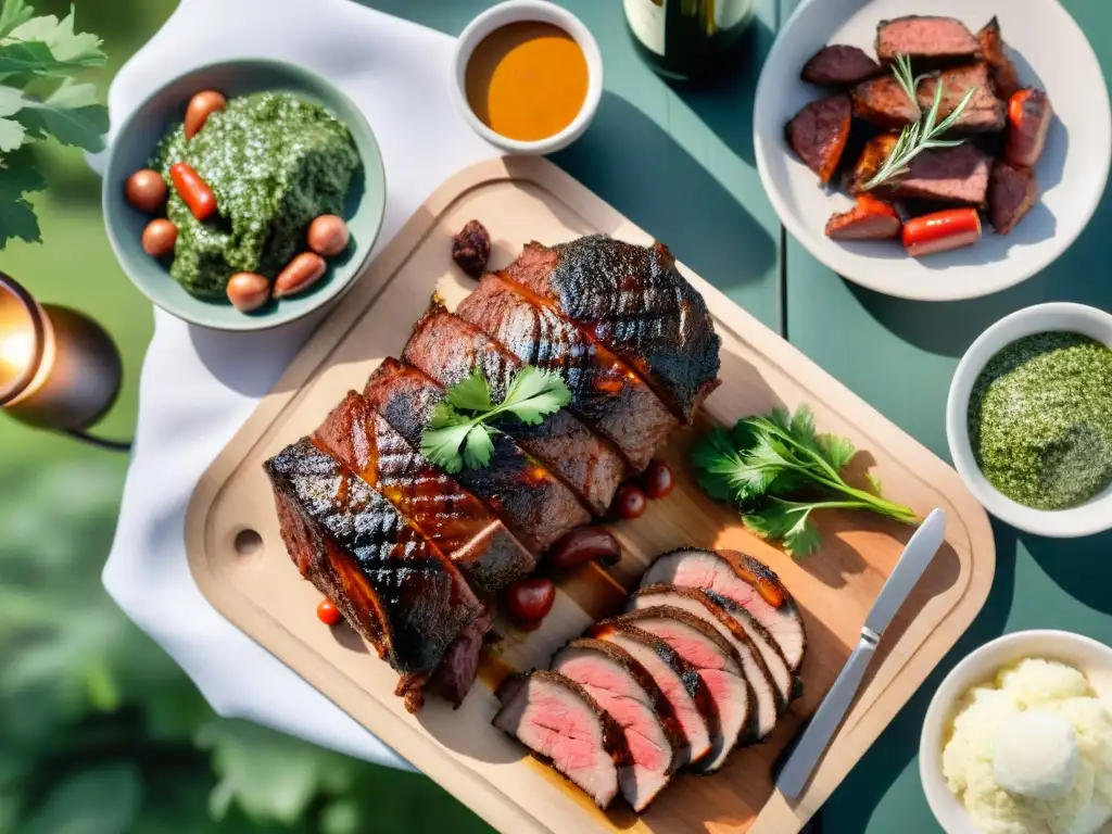 Un festín de asado uruguayo para eventos corporativos en un jardín, con carnes a la parrilla, chimichurri y vino Tannat