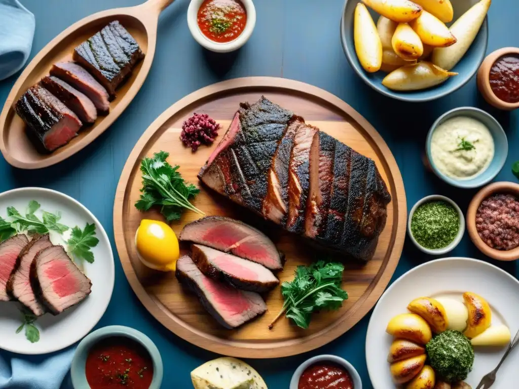 Un festín de asado uruguayo exótico en el campo al atardecer con carne a la parrilla, chimichurri y vino Tannat