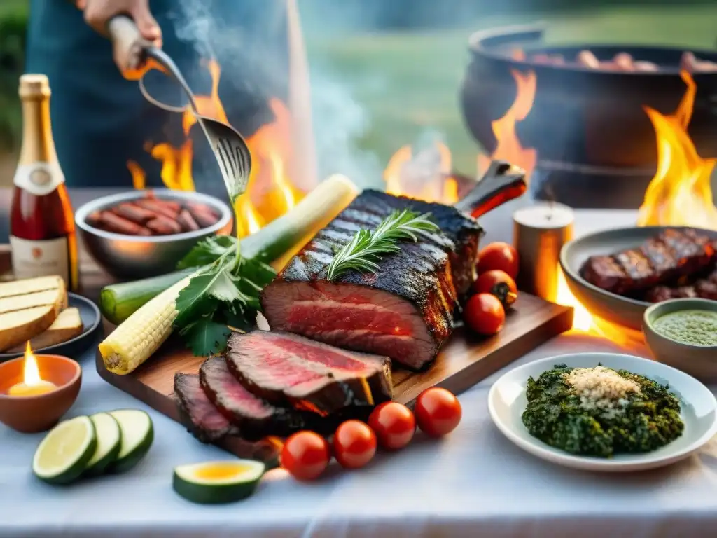 Un festín de asado uruguayo global: mesa al aire libre con churrasco, morcilla, chorizo, chimichurri y vinos finos