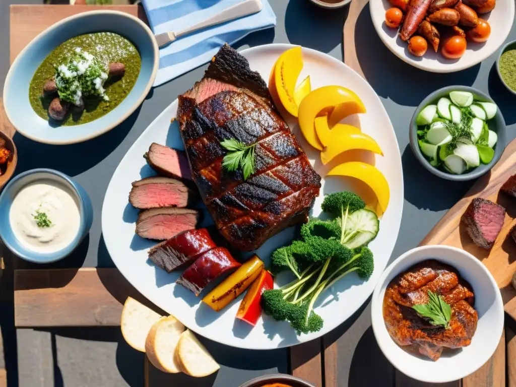 Un festín de asado uruguayo sin gluten en una tarde de verano, con carnes a la parrilla, ensaladas coloridas y salsa chimichurri