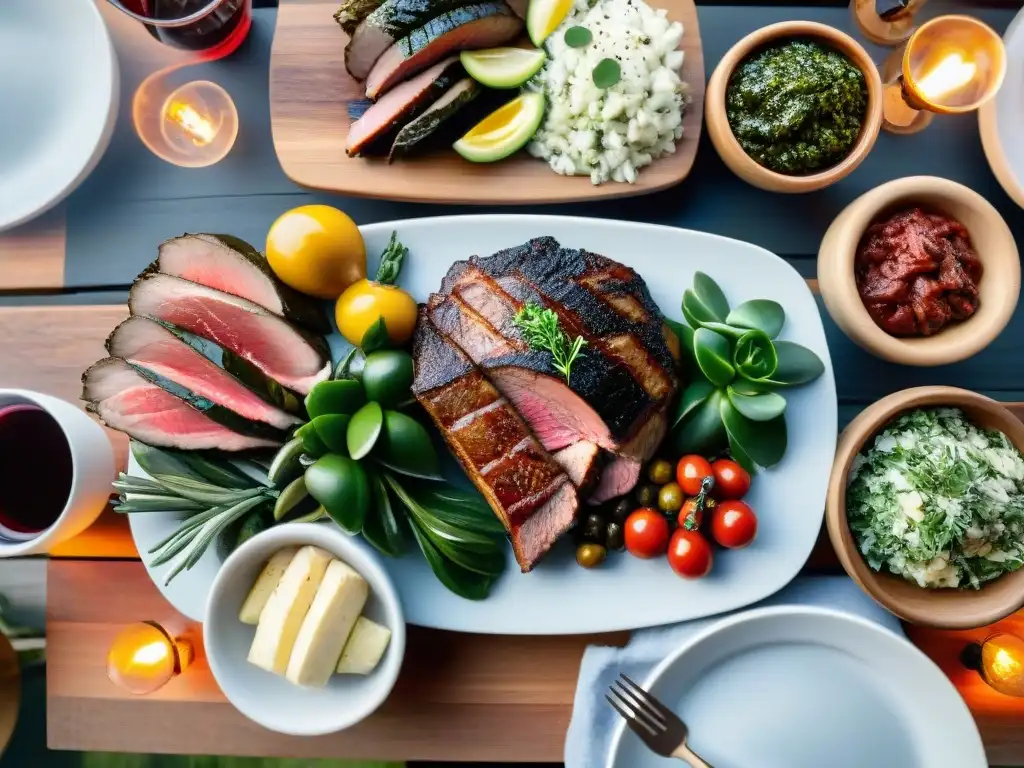 Un festín de asado uruguayo con influencia global: mesa al aire libre con carnes a la parrilla, chimichurri, ensaladas y vinos tintos premium