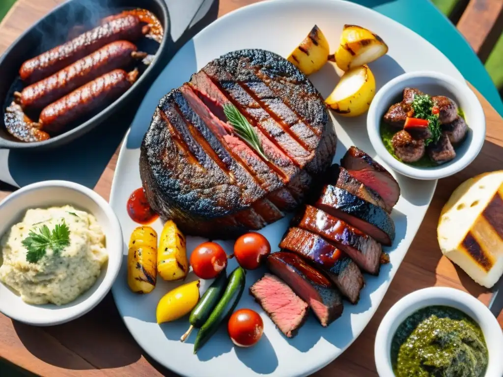 Un festín de Asado uruguayo para impresionar: jugoso churrasco rodeado de chorizo, morcilla y mollejas, con chimichurri y verduras a la parrilla