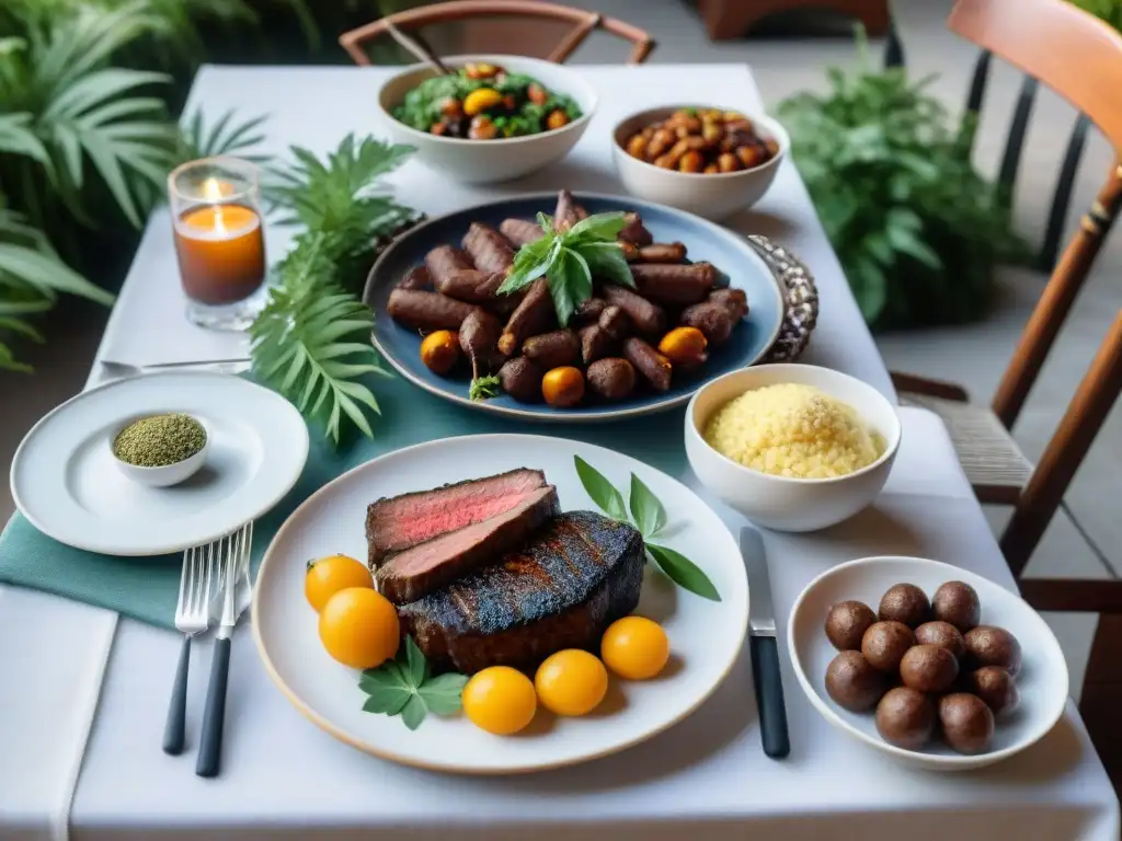 Un festín de asado uruguayo en un lujoso patio al aire libre, rodeado de vegetación exuberante y vajilla elegante