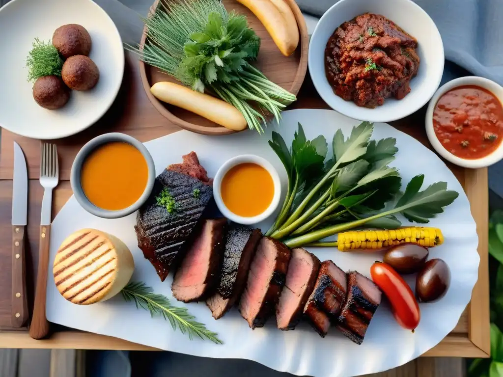 Un festín de asado uruguayo con maridaje de salsas y cortes de carne, bajo una cálida puesta de sol en el patio trasero