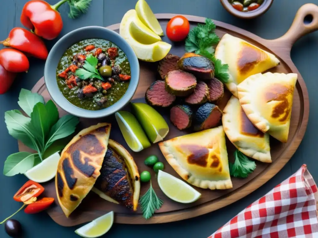 Un festín de asado uruguayo con las mejores guarniciones: chorizo, morcilla, chimichurri, empanadas, ensalada rusa y amigos alrededor de la parrilla