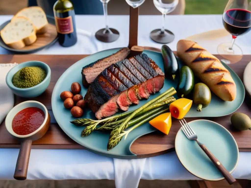 Un festín de asado uruguayo en una mesa rústica: carnes a la parrilla, chimichurri, vino tinto y el sol de atardecer