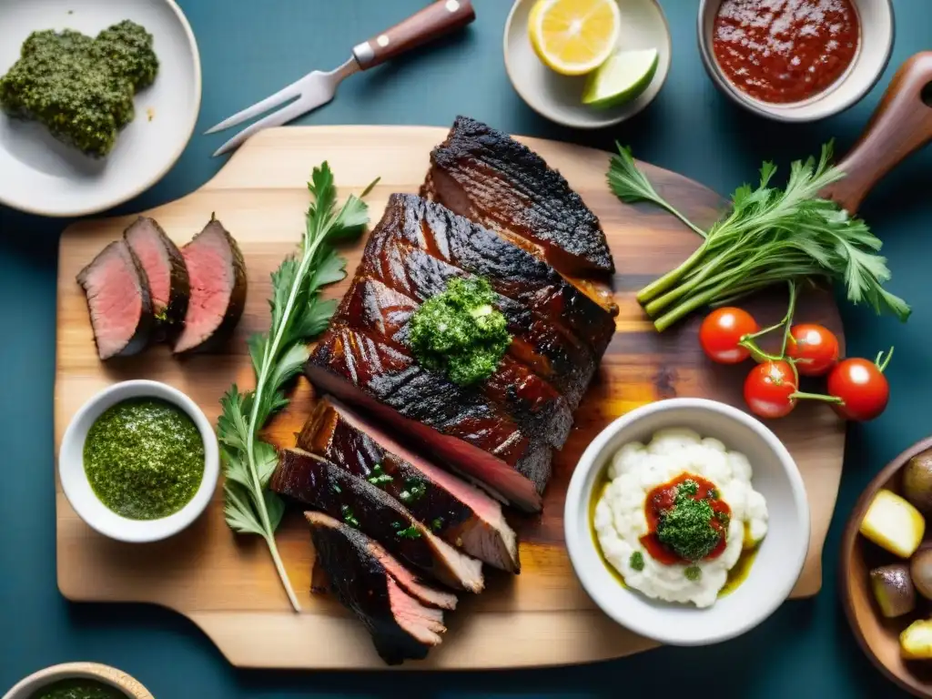 Un festín de asado uruguayo en una mesa rústica con chimichurri, vegetales a la parrilla y vino Tannat