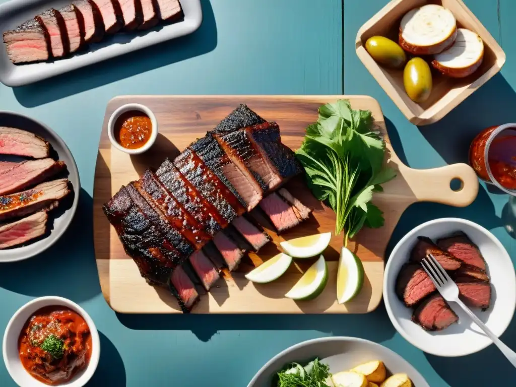 Un festín de asado uruguayo en una mesa rústica, con carnes jugosas y coloridas guarniciones, irradiando salud y sabor