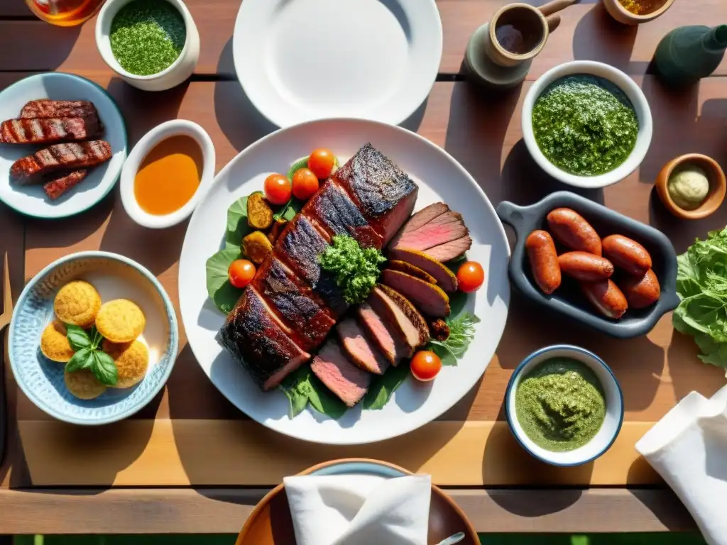 Un festín de asado uruguayo en una mesa rústica, con maridaje vino, bañado por cálida luz solar