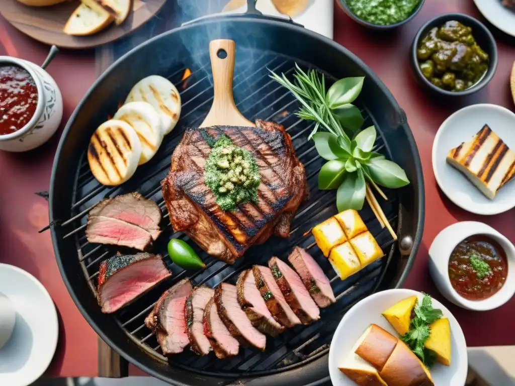 Un festín de asado uruguayo en un patio acogedor, rodeado de chimichurri y vino Tannat