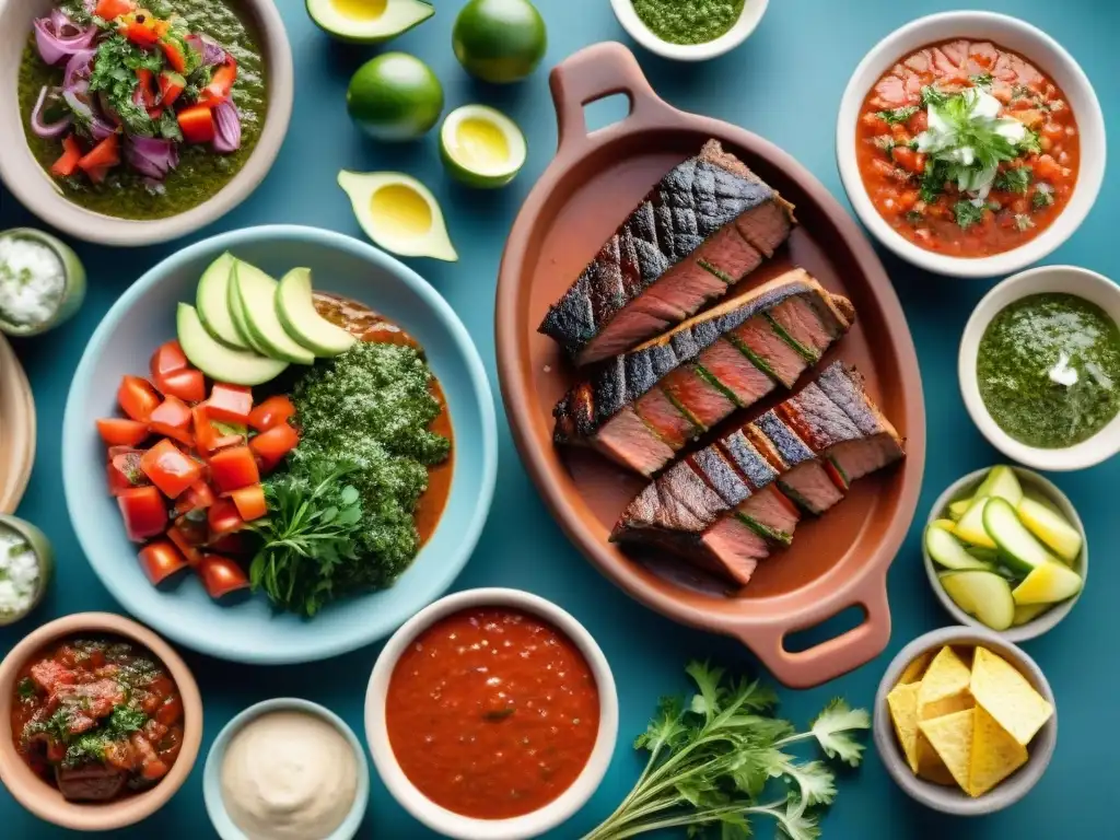 Un festín de asado uruguayo con salsas variadas en cuencos de barro, rodeado de hierbas y vegetales frescos