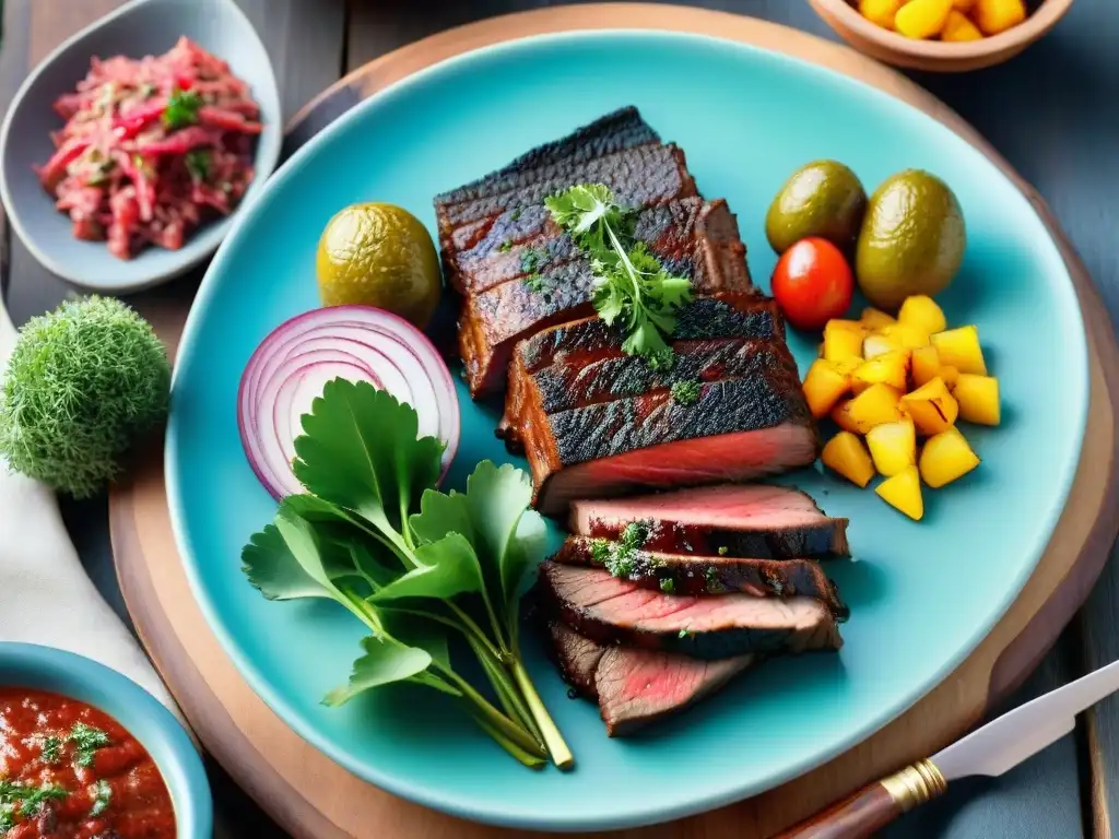 Un festín de asado uruguayo saludable con cortes de carne asada en una mesa rústica, bañado por la cálida luz del sol