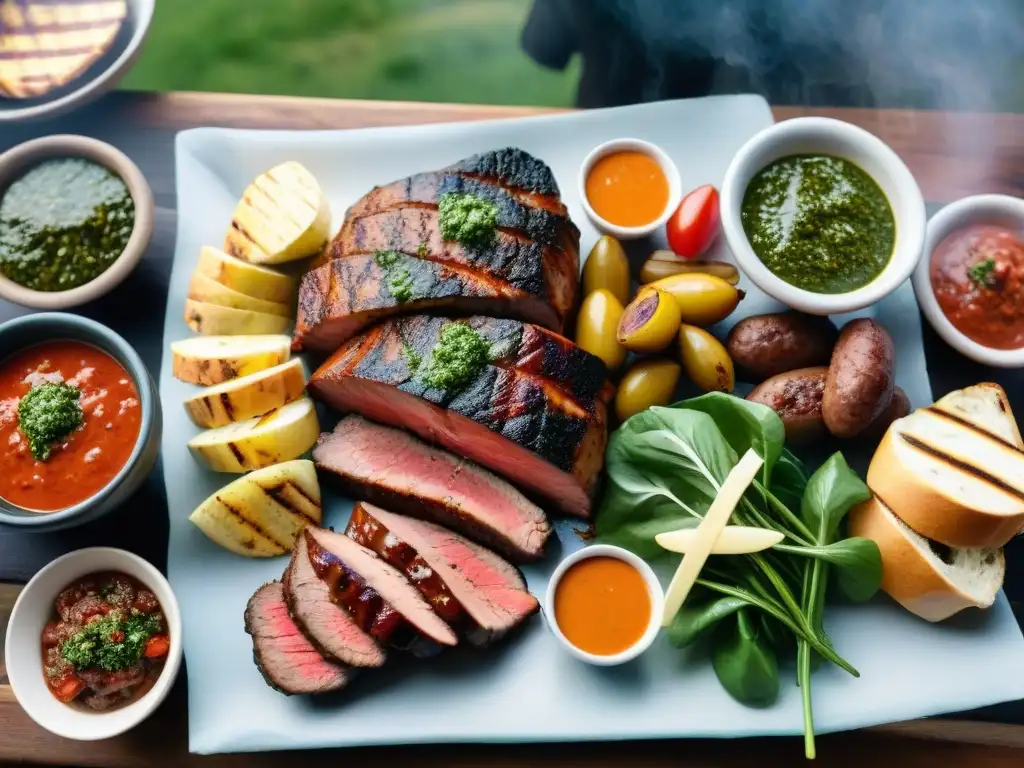 Un festín de asado uruguayo tradicional con influencia de raíces italianas, rodeado de naturaleza y risas de comensales