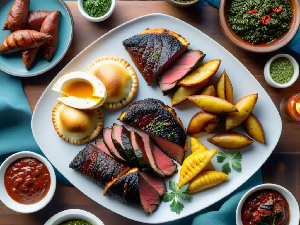 Un festín de asado uruguayo tradicional en una mesa rústica, con carnes y sabores vibrantes bajo un atardecer dorado en el campo