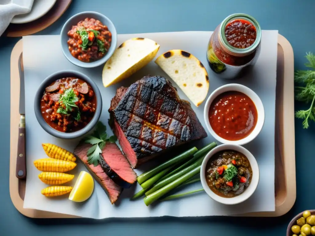 Un festín de asado uruguayo con variedad de carnes y salsas criollas frescas