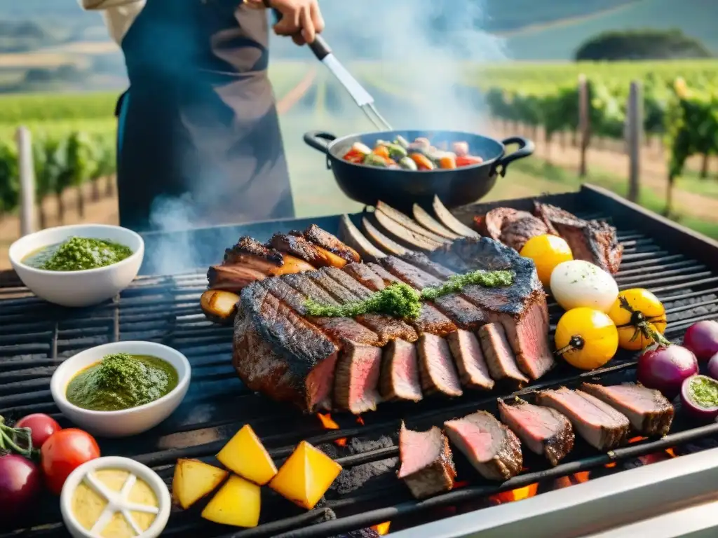 Un festín de asado uruguayo con vinos en un viñedo