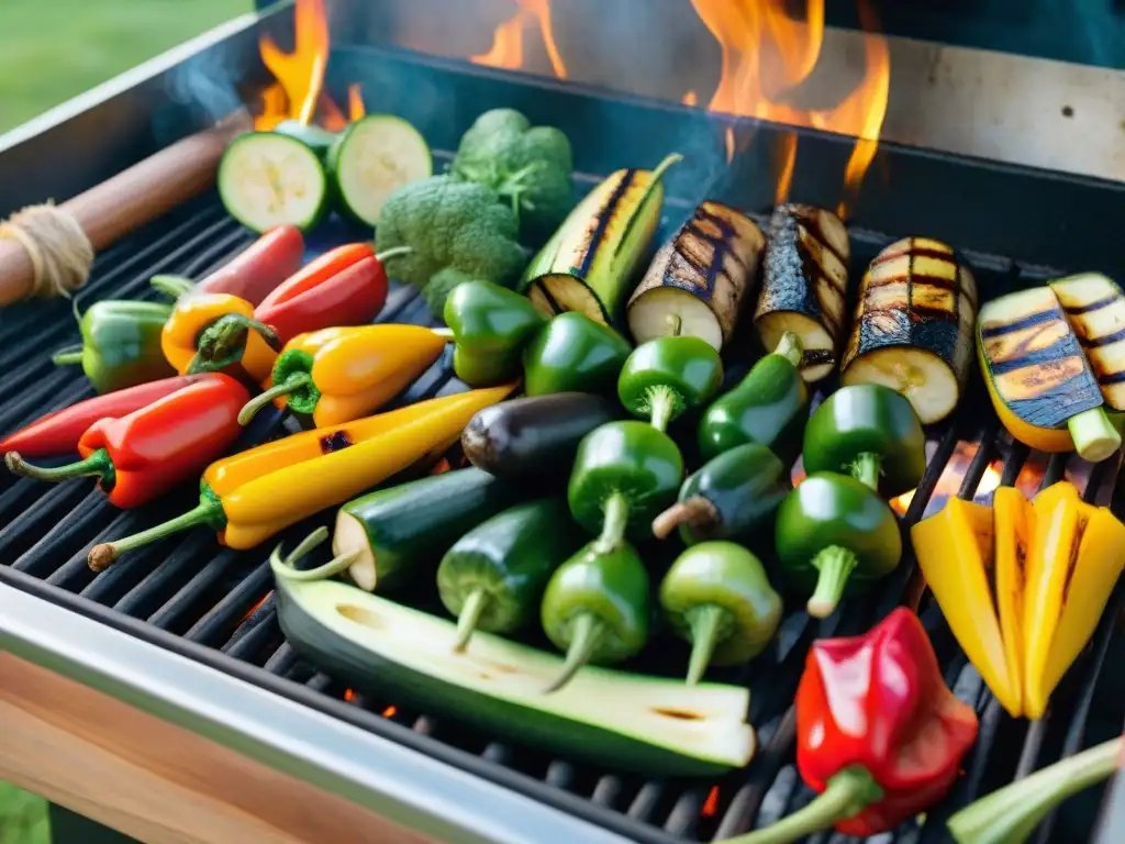 Un festín de asado vegetal con especias en la parrilla, rodeado de una mesa de picnic en un entorno tranquilo y acogedor