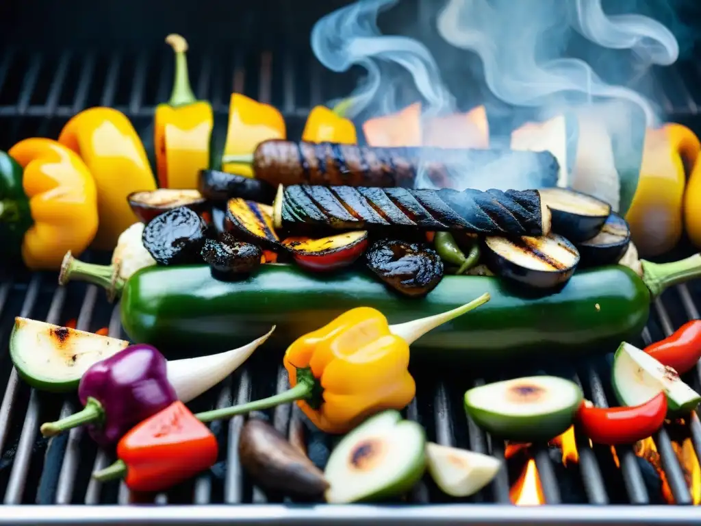 Un festín de asado vegetariano punto perfecto con vegetales a la parrilla coloridos y jugosos, perfectamente dorados y ahumados