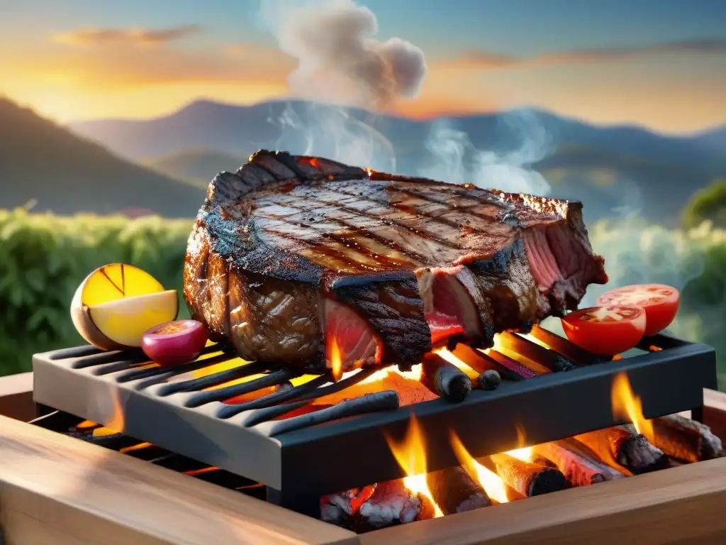 Un festín de Asados de Autor en Uruguay: cortes premium en una parrilla humeante al atardecer