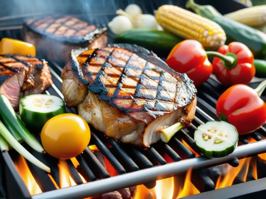 Un festín de asados uruguayos saludables en una parrilla con vegetales y carnes vibrantes y deliciosas