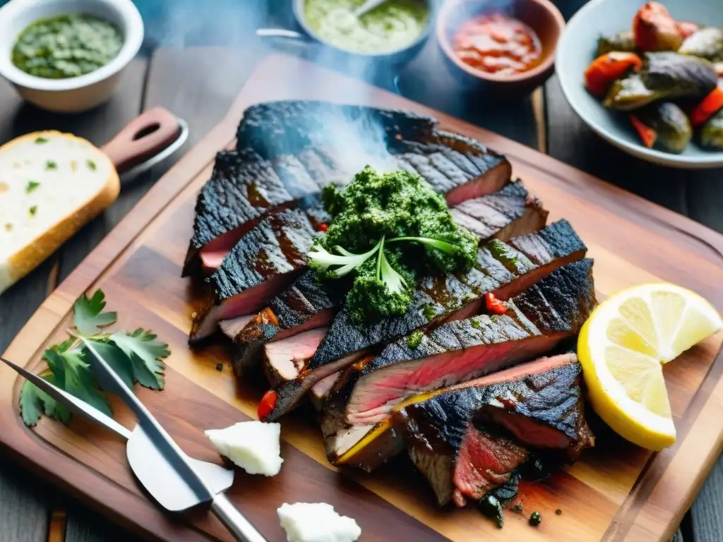 Festín asombroso del asado uruguayo con carnes, chimichurri y gaucho