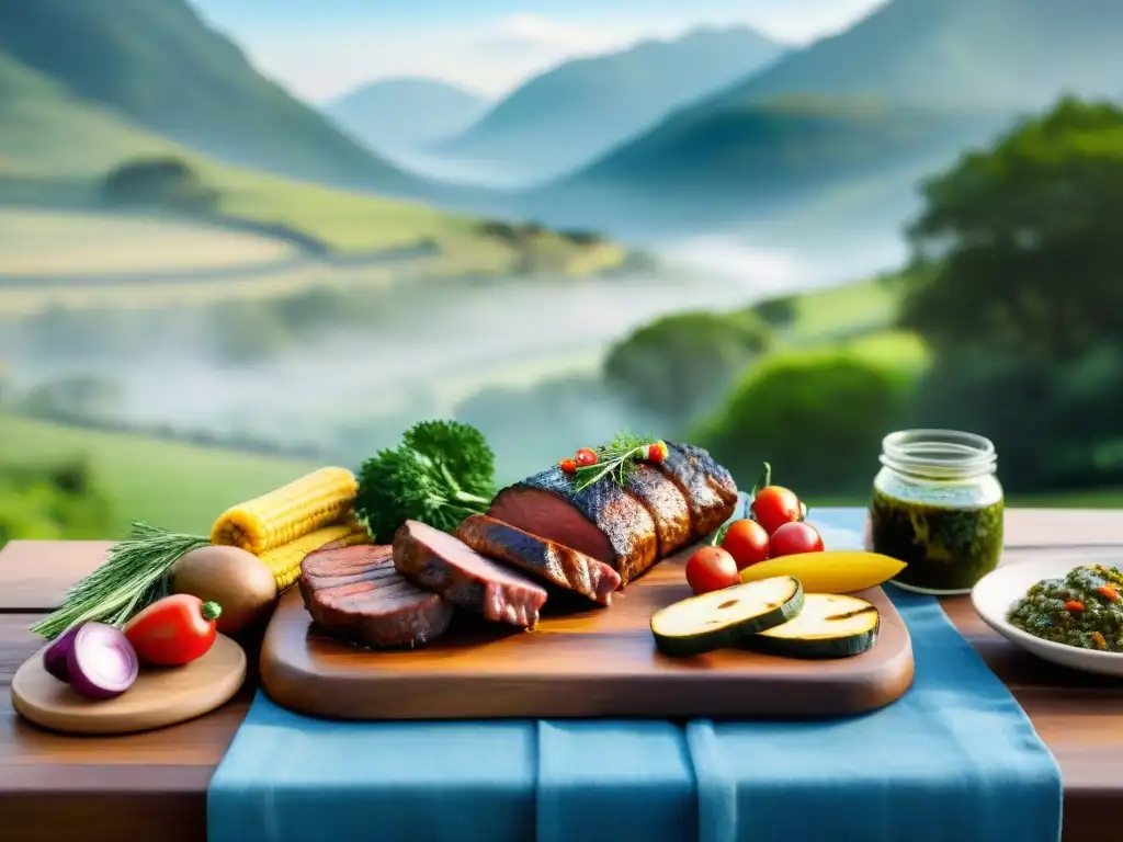 Un festín asombroso de asado uruguayo al aire libre con variedad de carnes a la parrilla y verduras, decorado elegantemente