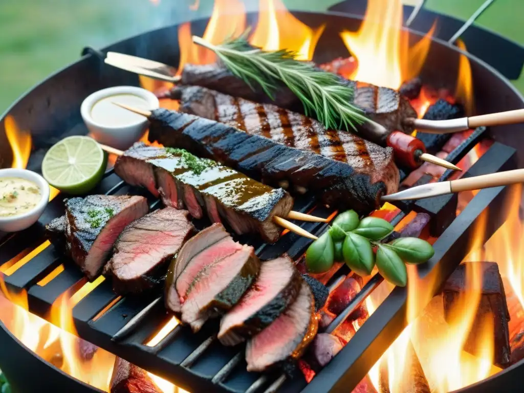 Un festín asombroso de carne uruguaya en una parrilla tradicional, rodeado de naturaleza