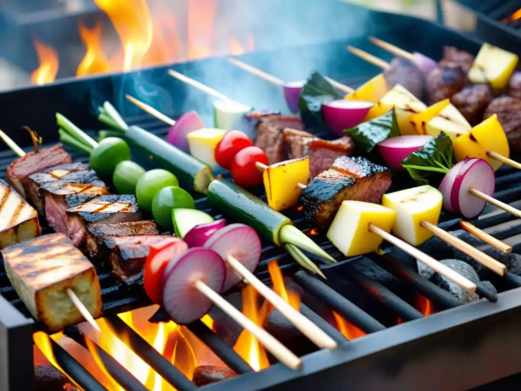 Un festín de brochetas mixtas en la parrilla del asado uruguayo, con carnes, verduras y frutas jugosas, listas para disfrutar al aire libre