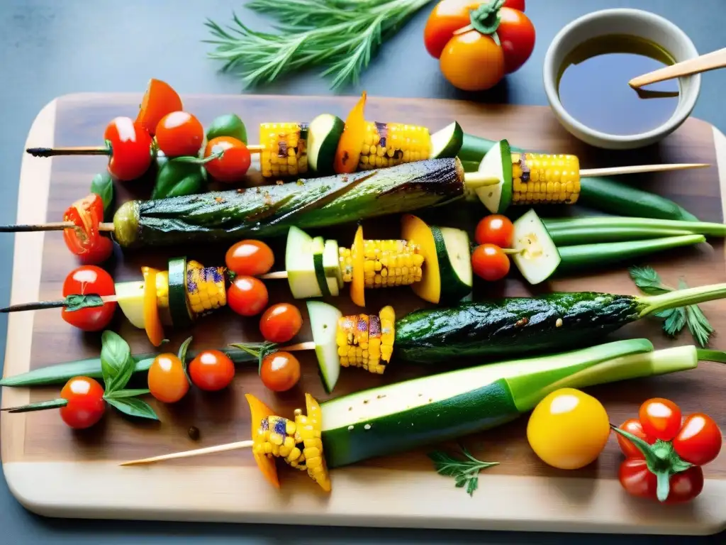 Un festín de brochetas de vegetales a la parrilla: pimientos, tomates, maíz y calabacín, todo en su punto con aceite de oliva