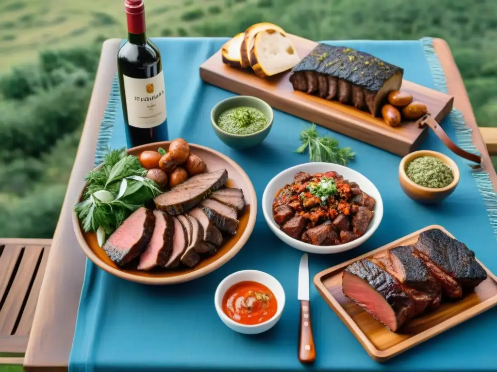 Un festín campestre con asado uruguayo innovador: carnes, chimichurri, ensaladas y vinos, en una mesa elegantemente decorada al aire libre