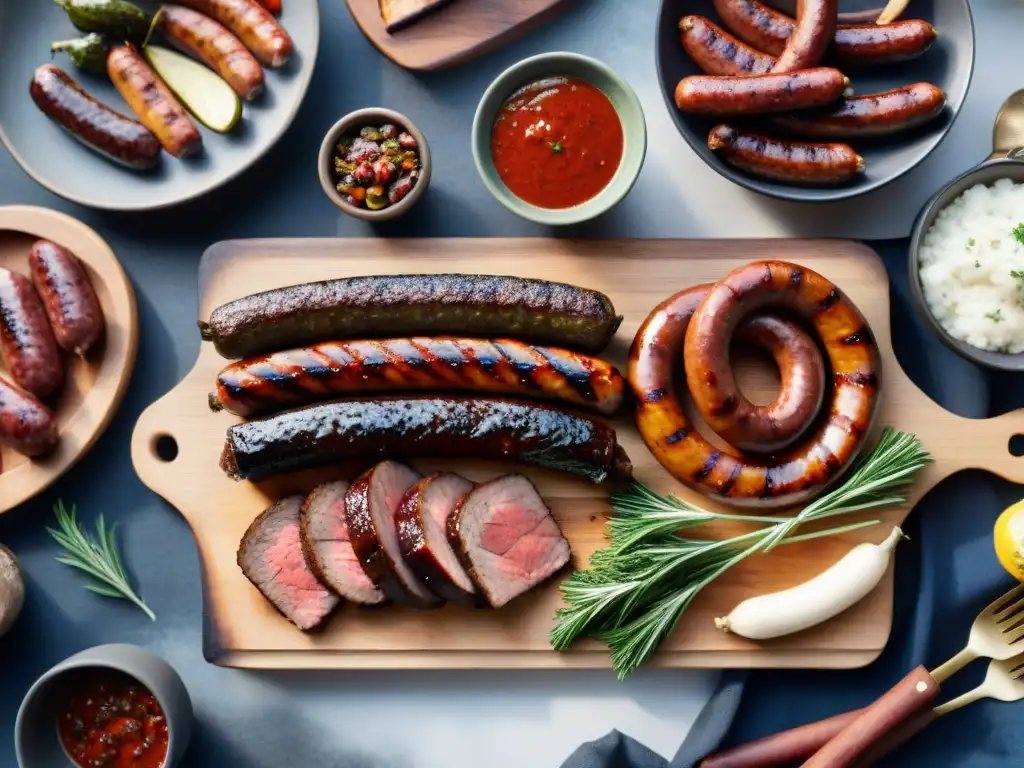 Un festín de carne asada uruguaya en invierno: tiernos cortes, chorizos y morcillas a la parrilla, con chimichurri y vegetales