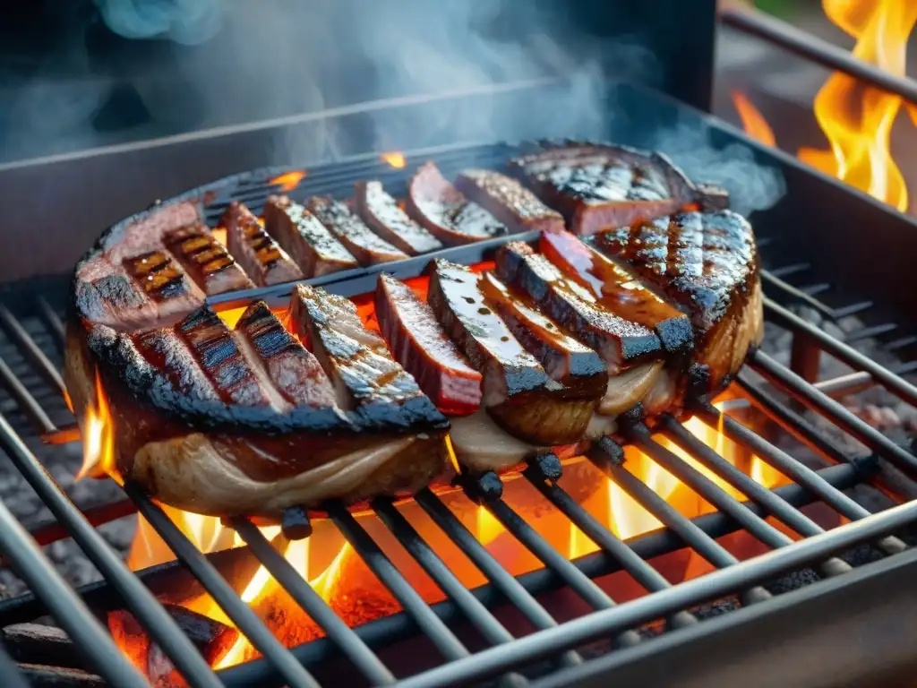 Un festín de carne jugosa en la parrilla, con fuego vivo y humo aromático