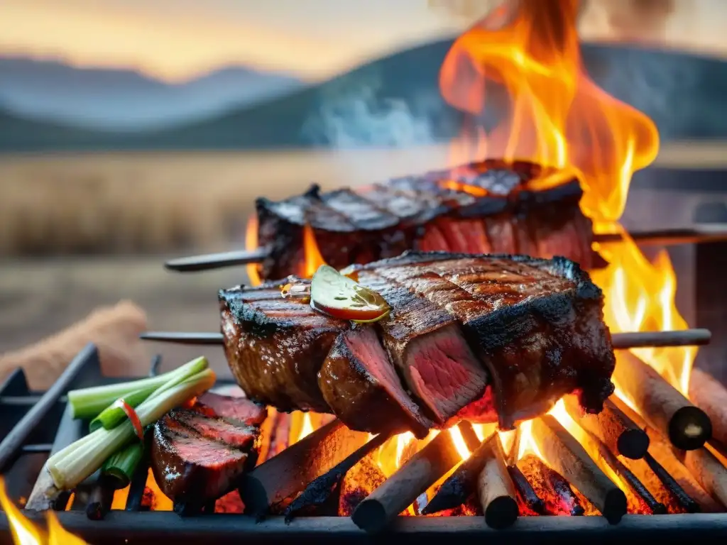 Un festín de carne uruguaya en parrilla, con jugosos cortes y chorizos sobre brasas ardientes, un gaucho cocinando