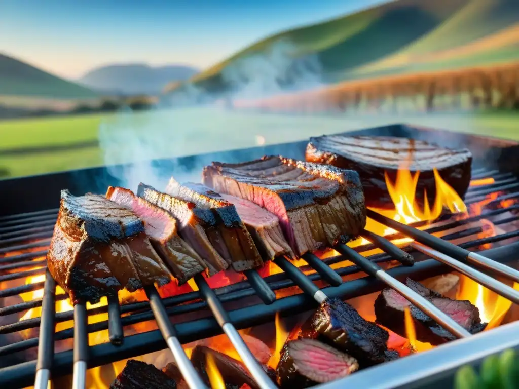 Un festín de carne uruguaya en la parrilla, rodeado de paisajes campestres y gauchos expertos