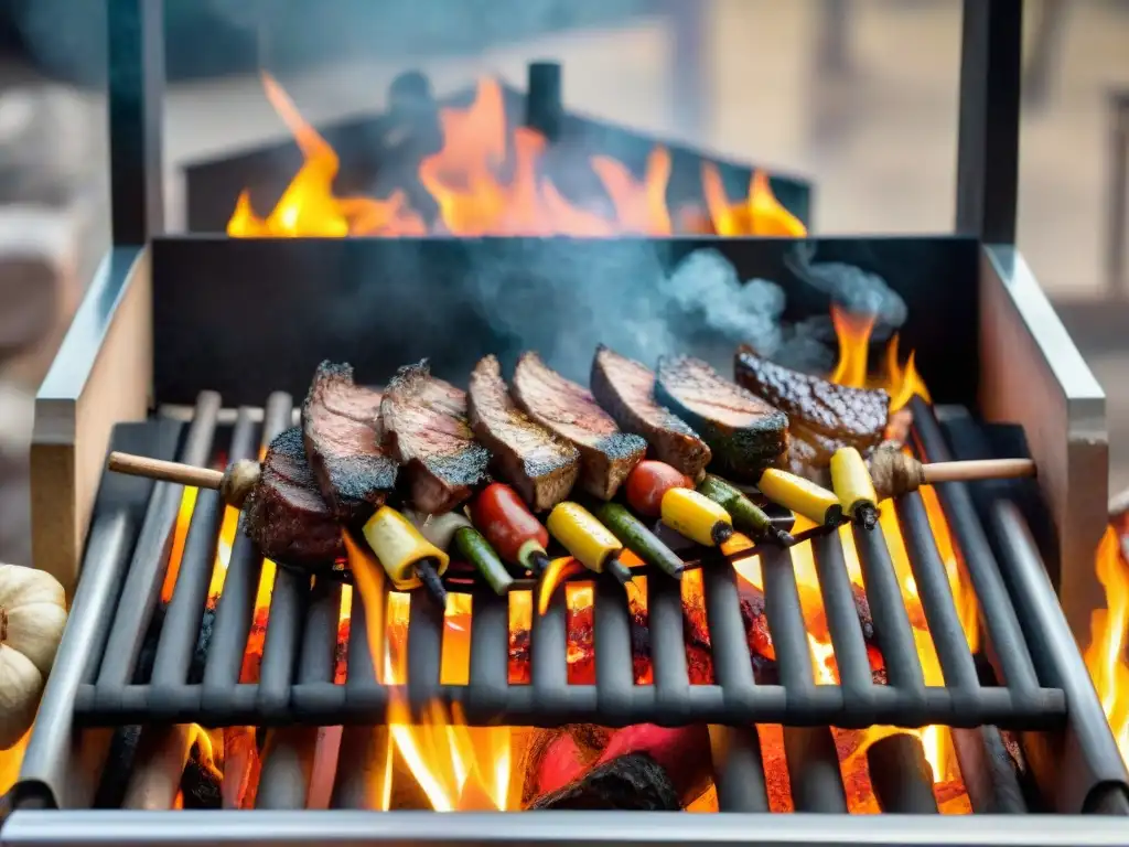 Un festín de carne y vegetales asándose en parrilla argentina a la leña, mostrando técnicas de asado y aromas tentadores