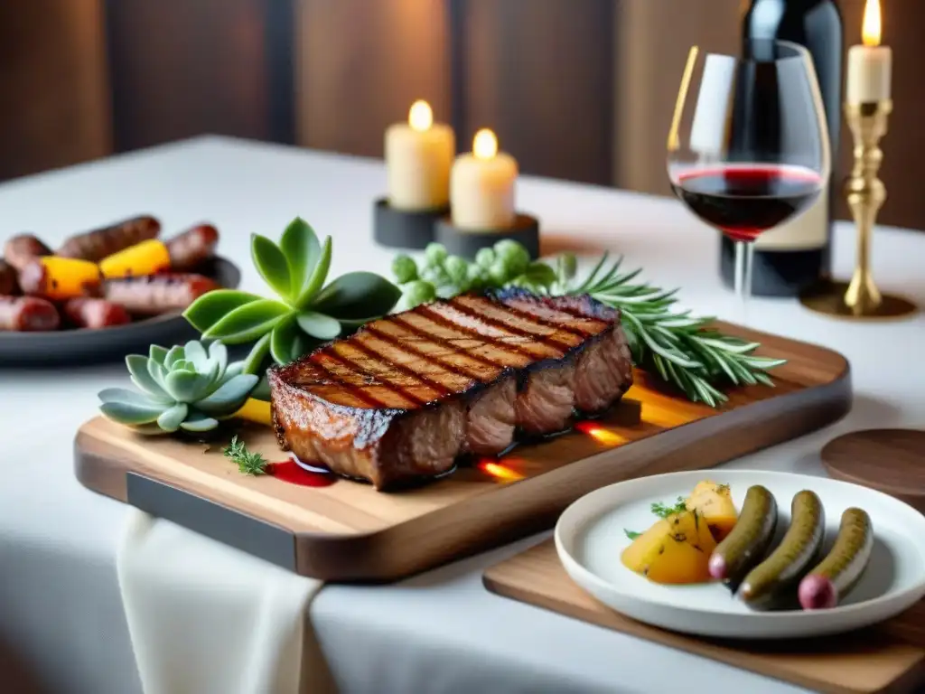 Un festín de carnes asadas con vinos exquisitos en una mesa elegante