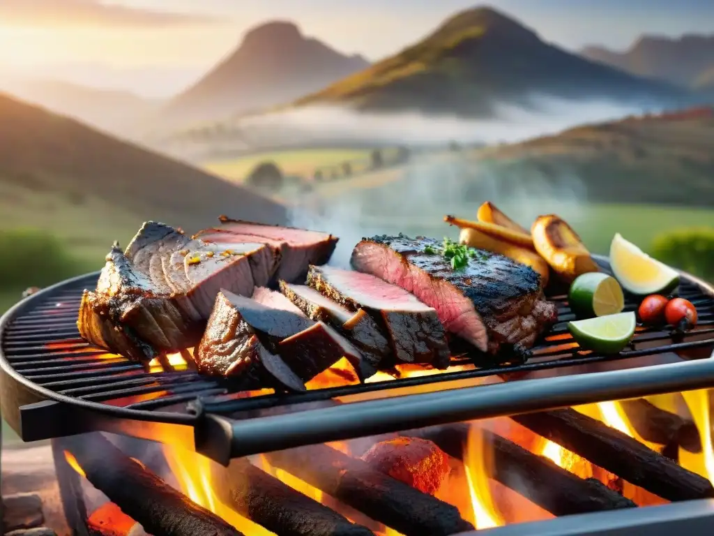 Un festín de carnes exóticas asadas en un tradicional grill uruguayo, rodeadas de hierbas y especias, en un escenario campestre al atardecer