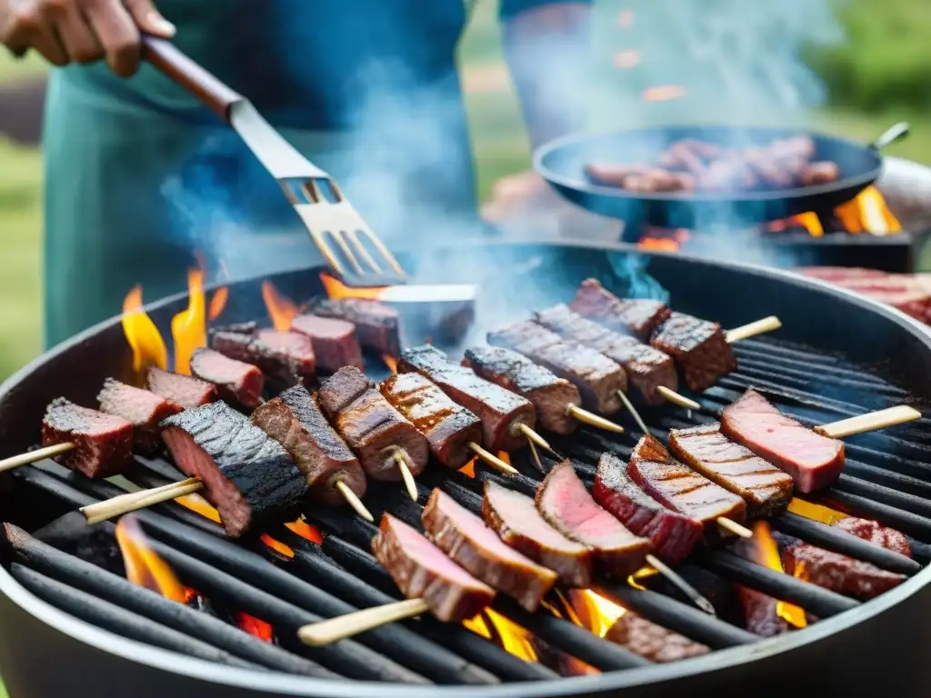 Un festín de carnes al fuego en una parrilla uruguaya tradicional, rodeada de gauchos y naturaleza exuberante