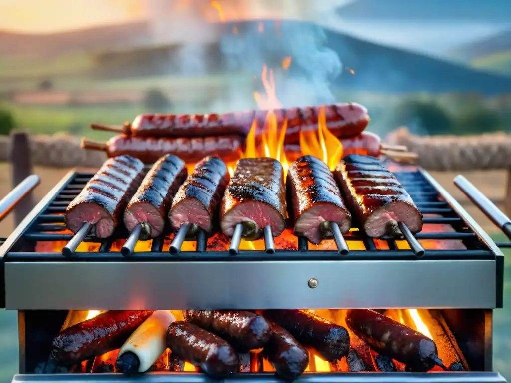 Un festín de carnes a la parrilla uruguaya rodeado de viñedos y colinas, perfecto para un maridaje vinos asado uruguayo