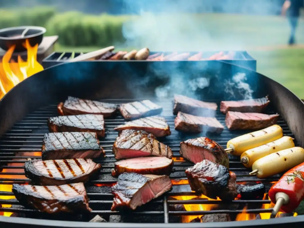 Un festín de carnes en una parrilla uruguaya, técnicas de asado uruguayo global en un entorno natural