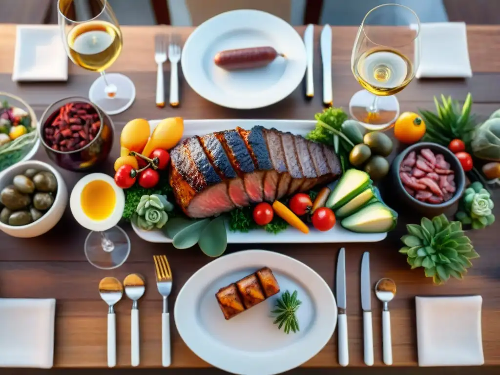 Un festín de carnes a la parrilla y vinos uruguayos en una mesa rústica