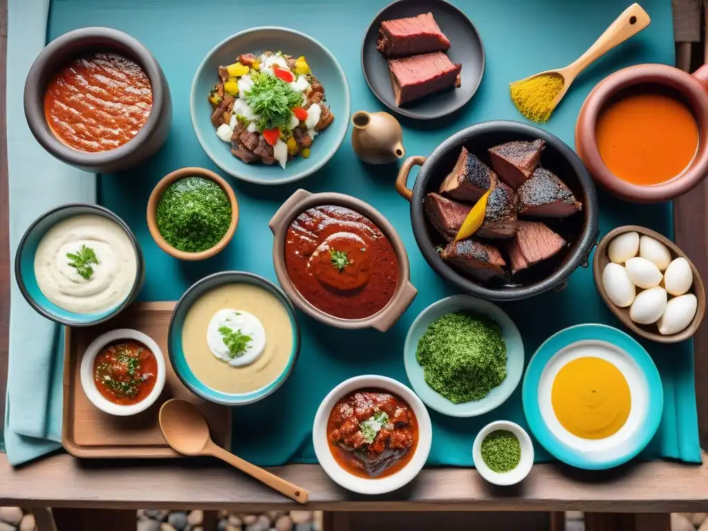 Un festín de colores y sabores: salsas tradicionales para parrilladas en una mesa rústica bajo el cálido sol sudamericano