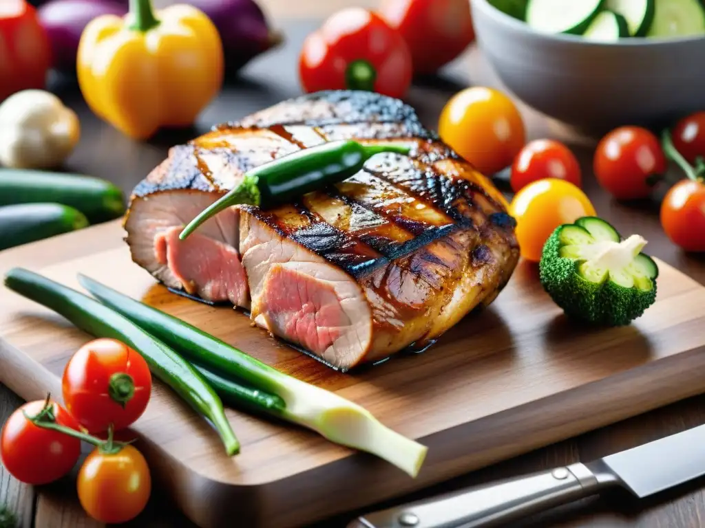 Un festín colorido de vegetales frescos y carnes magras listas para asar en una tabla de madera