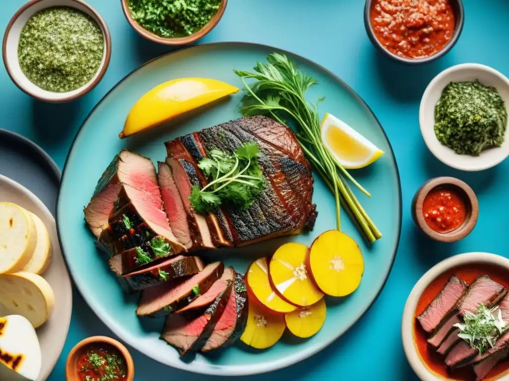 Un festín de cortes de asado uruguayo variados, jugosos y perfectamente grillados, en un entorno campestre