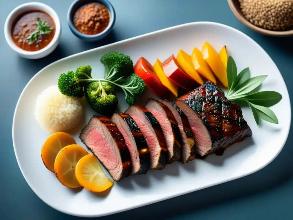 Delicias de carne uruguaya: Matambre, Vacío y Tapa de Asado a la parrilla Deléitate con un festín de cortes magros de asado uruguayo: Matambre, Vacío y Tapa de Asado, expertamente asados y adornados con hierbas frescas